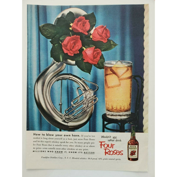 Four Roses 1952 Bourbon Whiskey Alcohol French Horn Vintage Magazine Print Ad
