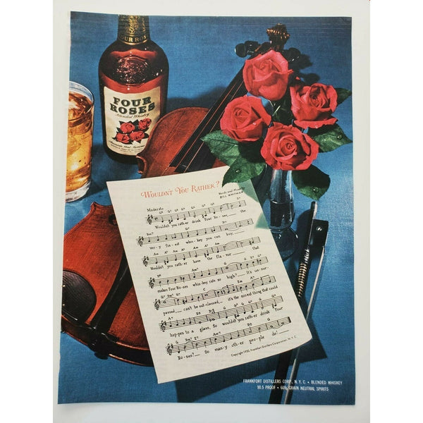 Four Roses 1951 Bourbon Whiskey Violin Flowers Music Vintage Magazine Print Ad