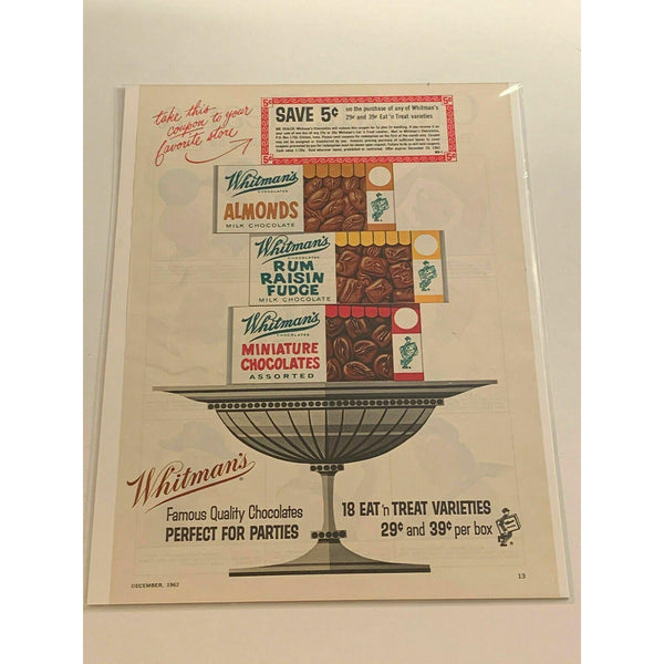 1962 Whitman's Chocolat Candy Rum Raisin Fudge Almonds Vintage Magazine Print Ad