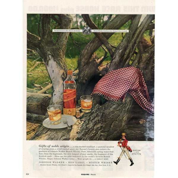 1957 johnnie walker red label scotch whisky picnic Vtg Magazine Print Ad