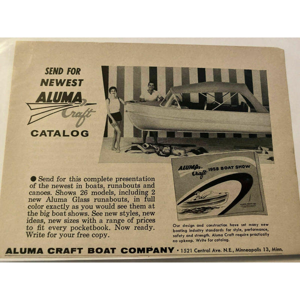 1958 Aluma Craft Boat Minneapolis MN Vintage Magazine Print Ad