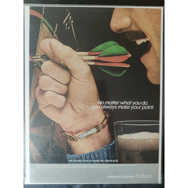 DeBeers Mens Diamond Bracelet Playing Darts Beer Vintage Magazine Print Ad