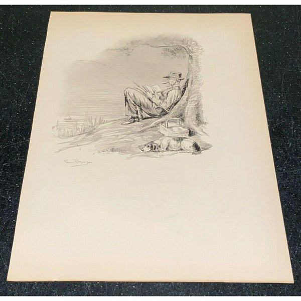 Man Fishing Dog Picnic Basket Edwin Megargee Vintage Print 1938