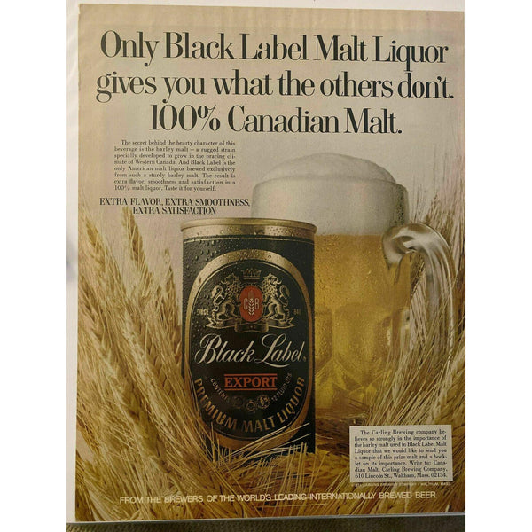 1971 Black Label Malt Liquor Carling Beer Waltham MA Vintage Magazine Print Ad