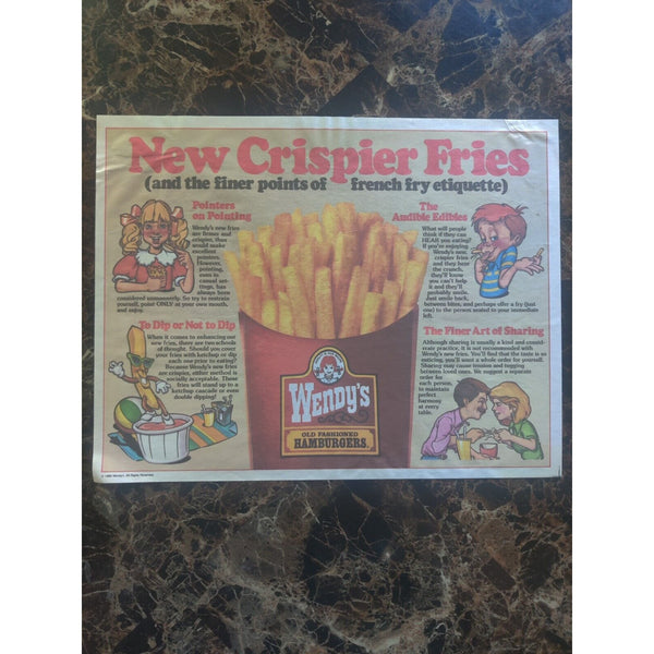 Wendy's Placemat Restaurant Advertising Paper 1988 New Crispier French Fries