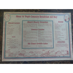 Mom 'n' Pop's Placemat Menu Restaurant Advertising Paper 1980s Asheville NC