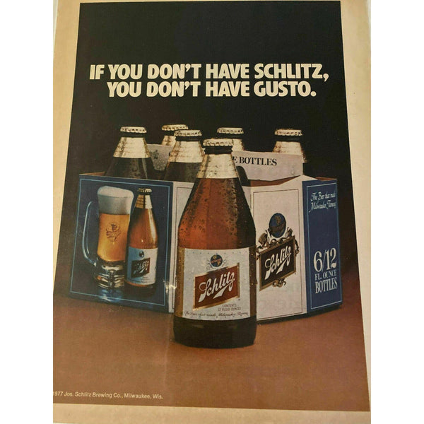 1977 Schlitz Beer Bottles 6 Pack Carrier Milwaukee Vintage Magazine Print Ad