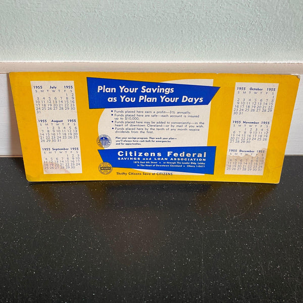 Citizens Federal Bank Cleveland OH Ink Blotter Calendar 1955 Vintage Advertising