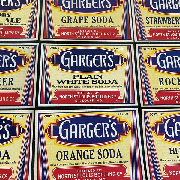 Garger's Soda Pop Bottle Labels Vintage Lot of 9 North St. Louis Bottling NOS